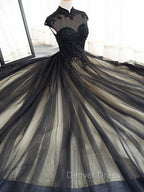 Elegant High Neck Swee Train Rhinestone Prom Dresses, Black Formal Dresses