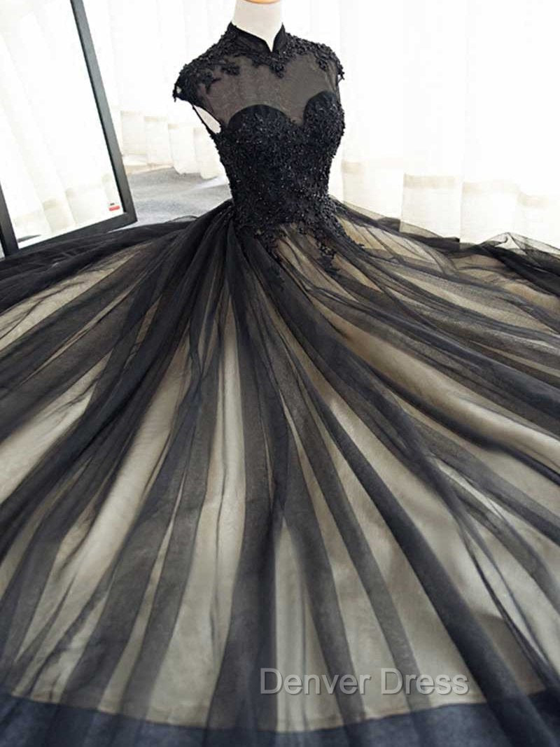 Elegant High Neck Swee Train Rhinestone Prom Dresses, Black Formal Dresses