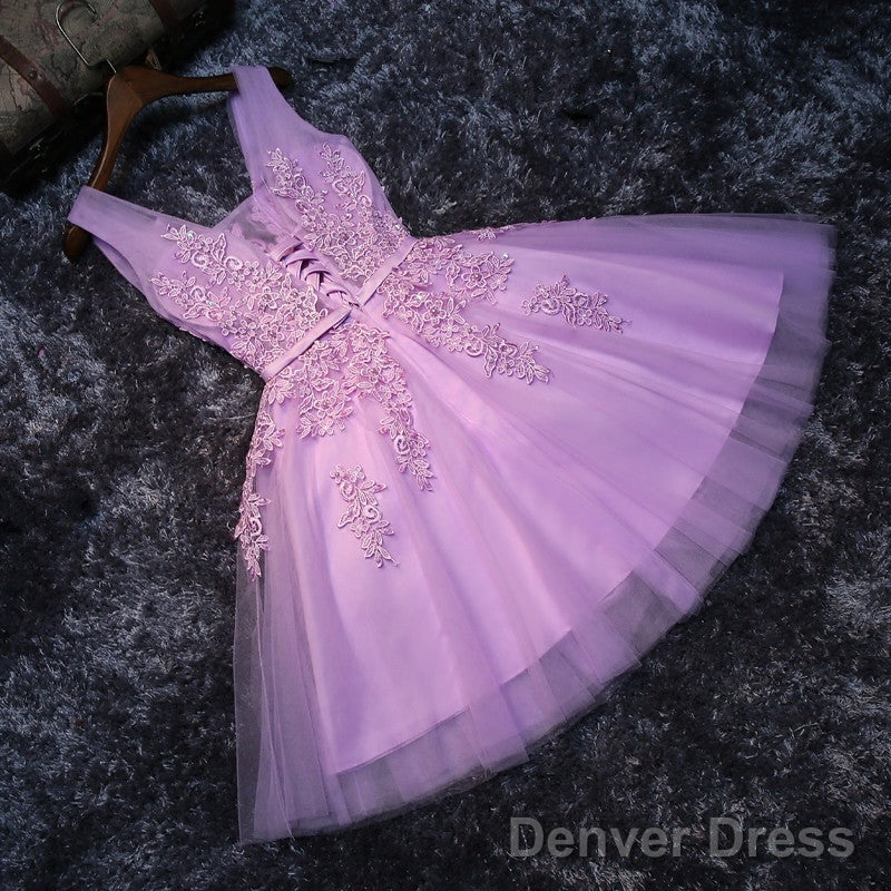Elegant Homecoming Dress  Lavender Lace Appliques Tulle Plunge V Sleeveless Knee Length A-Line Wedding Guest Dress