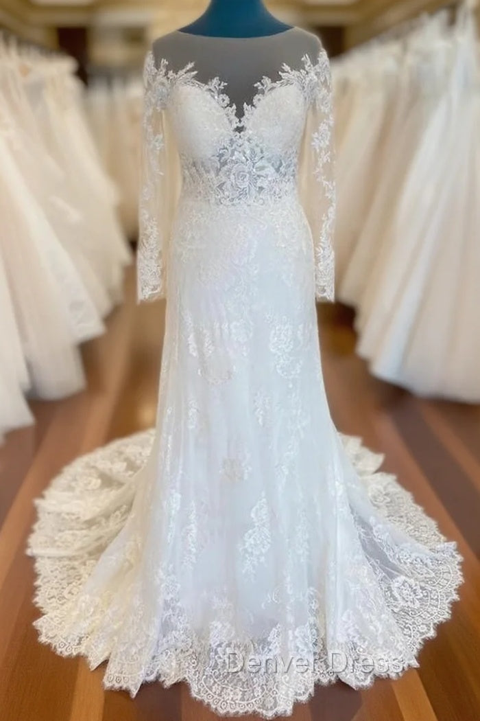 Elegant Illusion Neck Lace Wedding Dresses With Long Sleeves