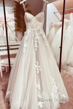 Elegant Italian Noodle Strap A-Line Lace Wedding Bridal Dresses
