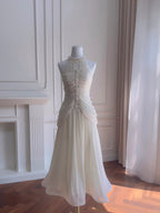 Elegant Ivory A-Line Halter Nack Pearl Pleated Chiffon Prom Dresses Evening Dresses