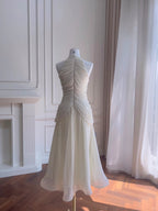 Elegant Ivory A-Line Halter Nack Pearl Pleated Chiffon Prom Dresses Evening Dresses