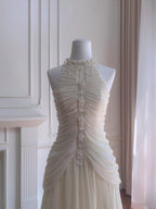 Elegant Ivory A-Line Halter Nack Pearl Pleated Chiffon Prom Dresses Evening Dresses