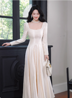 Elegant Ivory A-Line Square Neck Long-Sleeve Satin Long Prom Dresses Evening Dresses