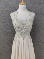 Elegant Ivory Cap-Sleeve Pearl Lace Chiffon Long Prom Dresses Evening Dresses