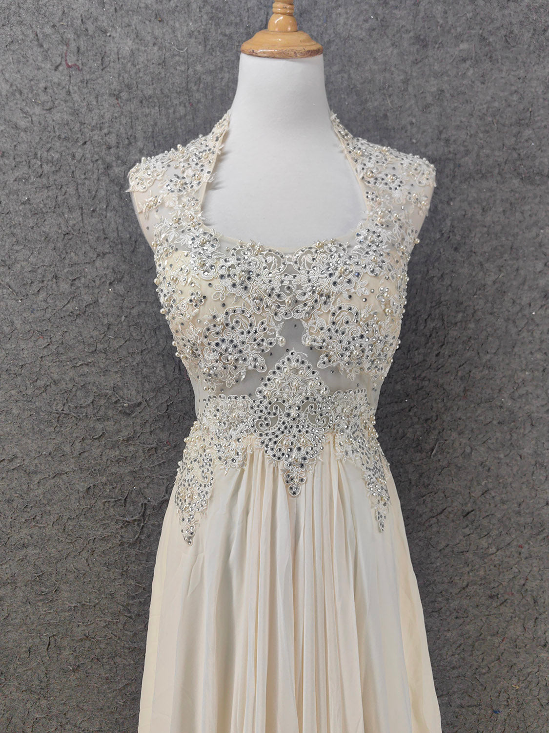 Elegant Ivory Cap-Sleeve Pearl Lace Chiffon Long Prom Dresses Evening Dresses