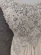 Elegant Ivory Cap-Sleeve Pearl Lace Chiffon Long Prom Dresses Evening Dresses