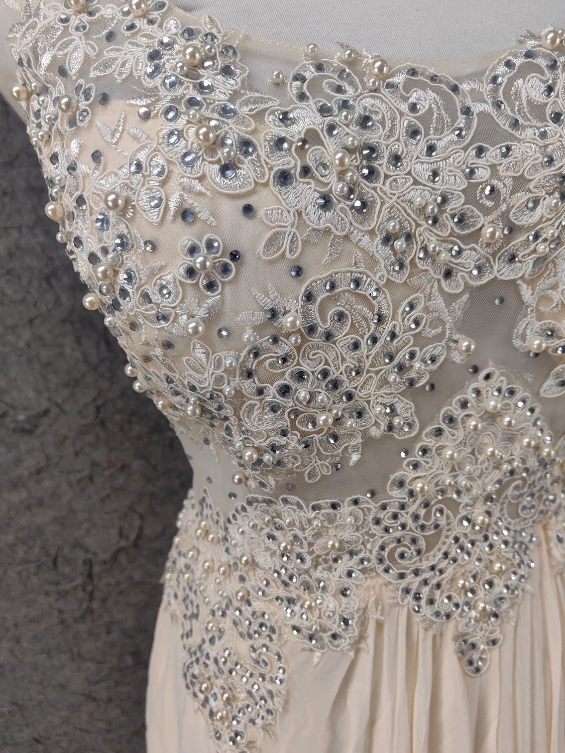 Elegant Ivory Cap-Sleeve Pearl Lace Chiffon Long Prom Dresses Evening Dresses