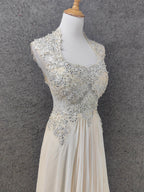 Elegant Ivory Cap-Sleeve Pearl Lace Chiffon Long Prom Dresses Evening Dresses