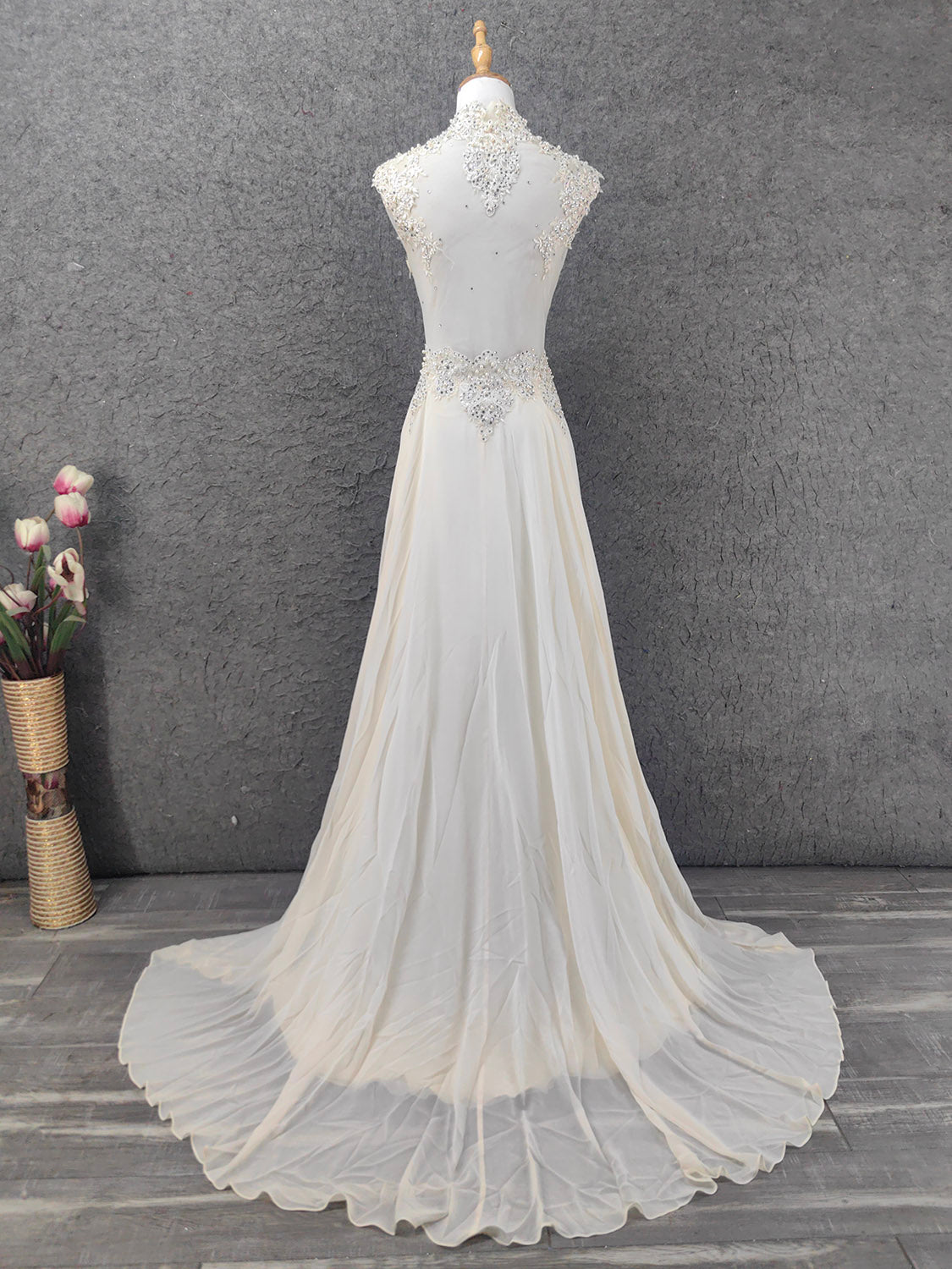 Elegant Ivory Cap-Sleeve Pearl Lace Chiffon Long Prom Dresses Evening Dresses