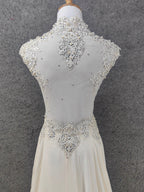Elegant Ivory Cap-Sleeve Pearl Lace Chiffon Long Prom Dresses Evening Dresses