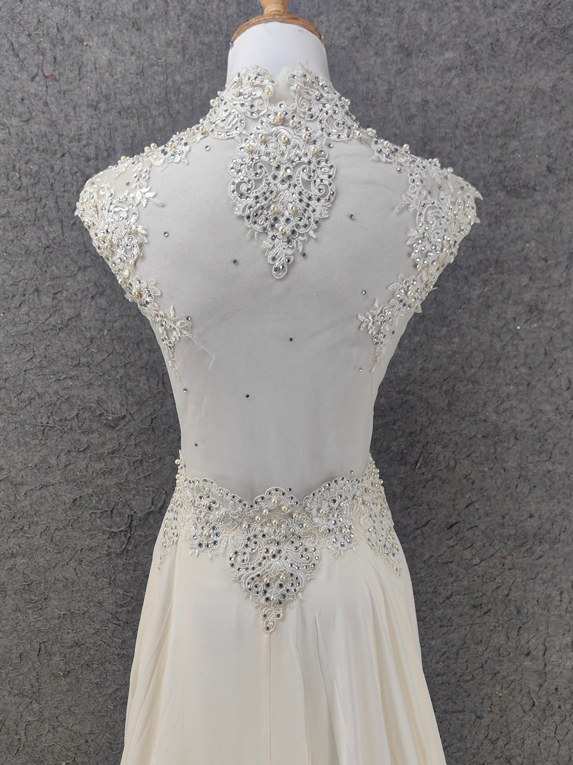 Elegant Ivory Cap-Sleeve Pearl Lace Chiffon Long Prom Dresses Evening Dresses