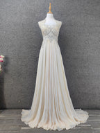 Elegant Ivory Cap-Sleeve Pearl Lace Chiffon Long Prom Dresses Evening Dresses