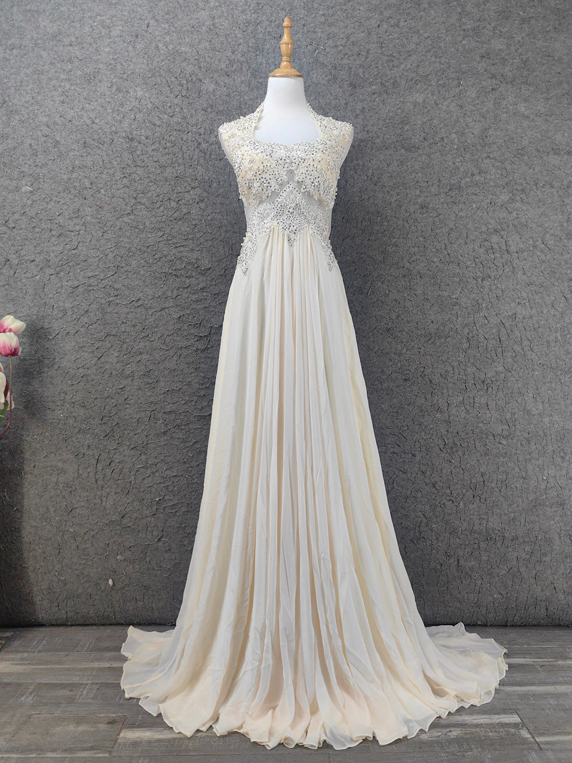 Elegant Ivory Cap-Sleeve Pearl Lace Chiffon Long Prom Dresses Evening Dresses