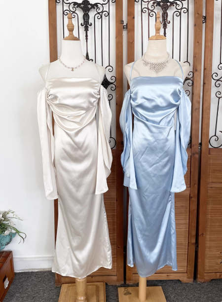 Elegant Ivory Halter Off-The-Shoulder Slim-Fit Satin Long Prom Dresses Evening Dresses Secondary image