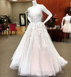 Elegant Ivory Lace Embroidery  Champagne Tulle Wedding Dresses V Neck