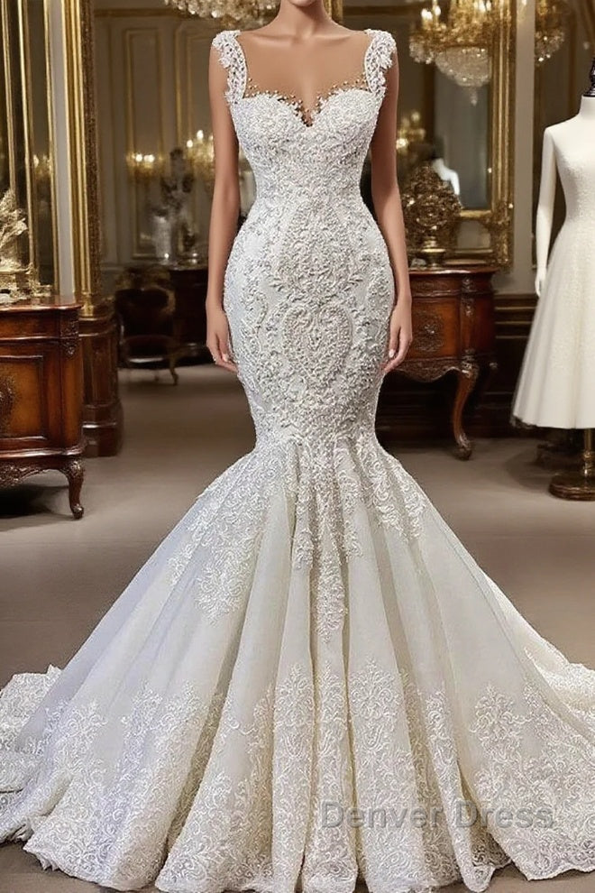 Elegant Ivory Long Mermaid Sweetheart Ruffles Lace Wedding Dresses Main image