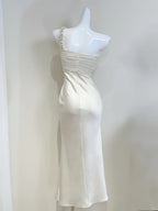 Elegant Ivory Mermaid One-Shoulder Neckline Pearl Rhinestone Satin Long Prom Dresses Evening Dresses Bridesmaid Dresses