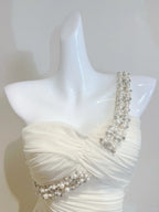 Elegant Ivory Mermaid One-Shoulder Neckline Pearl Rhinestone Satin Long Prom Dresses Evening Dresses Bridesmaid Dresses