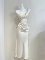 Elegant Ivory Mermaid One-Shoulder Neckline Pearl Rhinestone Satin Long Prom Dresses Evening Dresses Bridesmaid Dresses