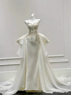 Elegant Ivory Mermaid Strapless Beaded Satin Wedding Dresses With Train