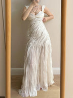 Elegant Ivory Pleated Satin Long Prom Dresses Evening Dresses