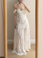 Elegant Ivory Pleated Satin Long Prom Dresses Evening Dresses