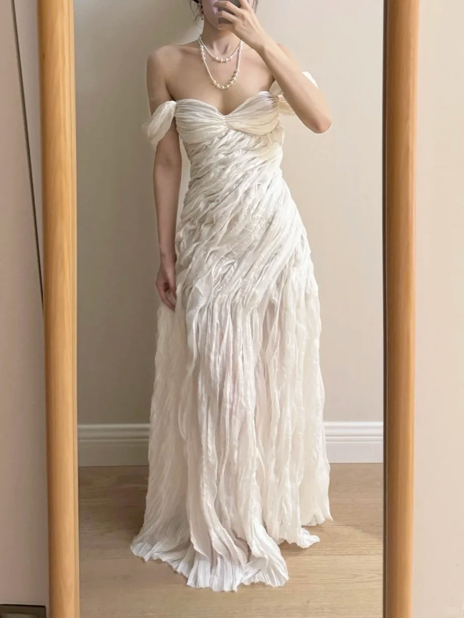 Elegant Ivory Pleated Satin Long Prom Dresses Evening Dresses