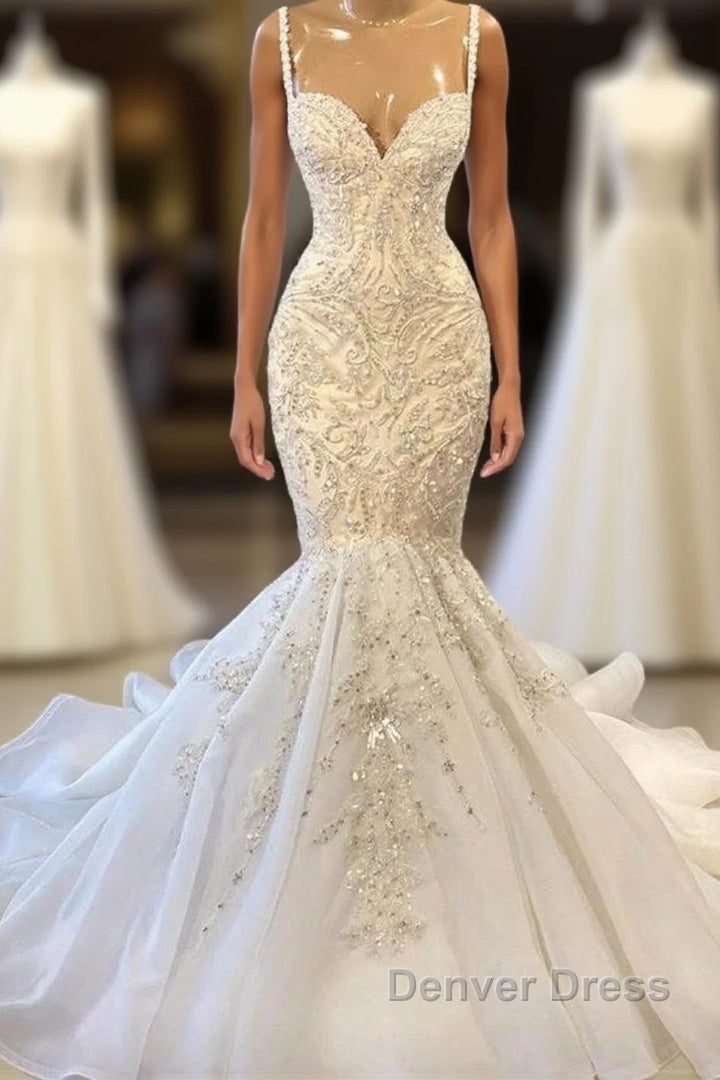 Elegant Ivory Spaghetti straps Sleeveless Mermaid Wedding Dresses Main image