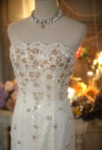 Elegant Ivory Strapless Beaded Floral Tulle Train Long Prom Dresses Evening Dresses