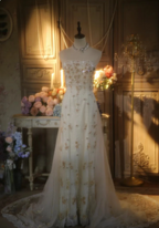 Elegant Ivory Strapless Beaded Floral Tulle Train Long Prom Dresses Evening Dresses