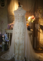 Elegant Ivory Strapless Beaded Floral Tulle Train Long Prom Dresses Evening Dresses