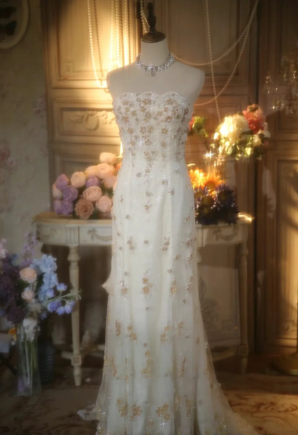 Elegant Ivory Strapless Beaded Floral Tulle Train Long Prom Dresses Evening Dresses