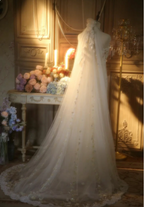 Elegant Ivory Strapless Beaded Floral Tulle Train Long Prom Dresses Evening Dresses