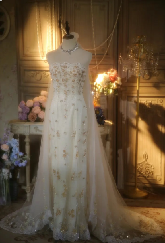 Elegant Ivory Strapless Beaded Floral Tulle Train Long Prom Dresses Evening Dresses Main image