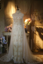 Elegant Ivory Strapless Beaded Floral Tulle Train Long Prom Dresses Evening Dresses