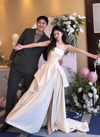Elegant Ivory Strapless High-Slit Satin Train Prom Dresses Evening Dresses Wedding Dresses