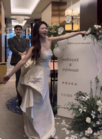 Elegant Ivory Strapless High-Slit Satin Train Prom Dresses Evening Dresses Wedding Dresses