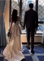 Elegant Ivory Strapless High-Slit Satin Train Prom Dresses Evening Dresses Wedding Dresses
