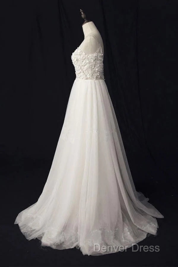 Elegant Ivory Tulle V-Neck A Line Floor Length Wedding Dresses