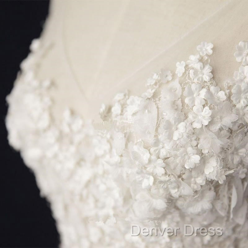 Elegant Ivory Tulle V Neck A Line Floor Length Wedding Dresses