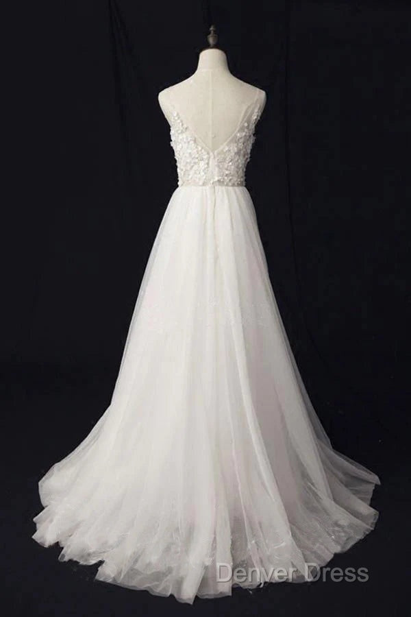 Elegant Ivory Tulle V-Neck A Line Floor Length Wedding Dresses