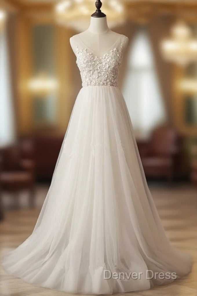 Elegant Ivory Tulle V Neck A Line Floor Length Wedding Dresses Main image
