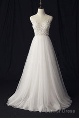 Elegant Ivory Tulle V-Neck A Line Floor Length Wedding Dresses