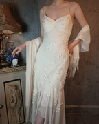 Elegant Ivory Mermaid V-Neck Thin Straps 3D Floral Chiffon Long Prom Dresses Evening Dresses