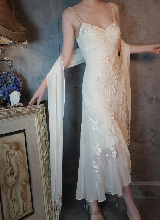 Elegant Ivory Mermaid V-Neck Thin Straps 3D Floral Chiffon Long Prom Dresses Evening Dresses