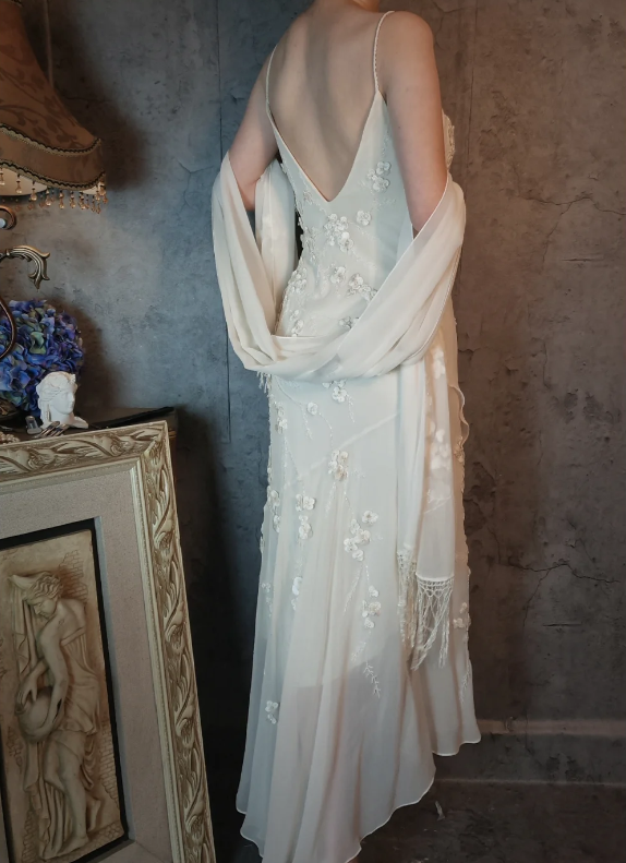 Elegant Ivory Mermaid V-Neck Thin Straps 3D Floral Chiffon Long Prom Dresses Evening Dresses