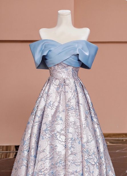 Elegant Jacquard Satin Off-The-Shoulder Long Prom Dresses Evening Dresses