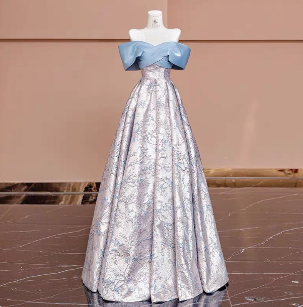Elegant Jacquard Satin Off-The-Shoulder Long Prom Dresses Evening Dresses